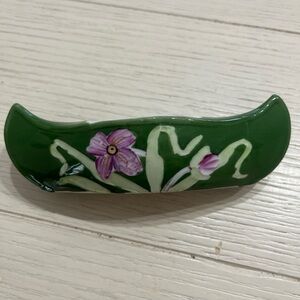 Vintage Hand painted Ceramic Canoe Green With Purple Flowers 4.5”